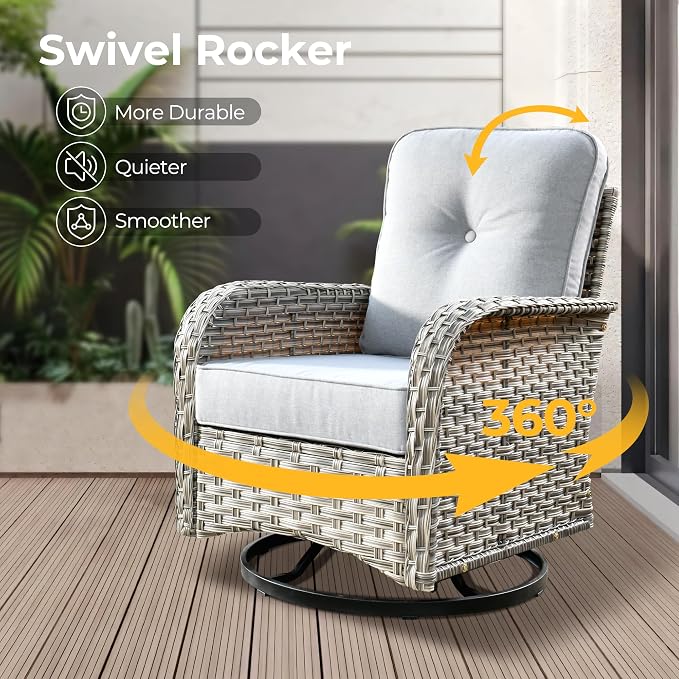 HOOOWOOO Outdoor Sectional Patio Furniture Set,9 Pieces Wicker Conversation Sets L Shaped Couch,Extra Deep Out Door Sofa Outside Furniture with Rocking Chairs,Light Gray