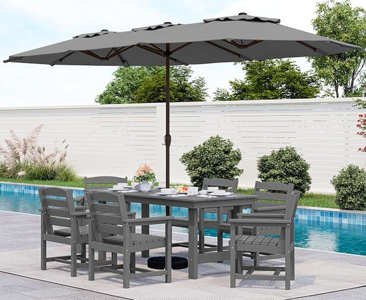SERWALL 8-Pc HDPE Dining Set, 1 Table, 1 Umbrella & 6 Chairs, Gray | Patio Dining Set with Umbrella, 67"Rectangular Table & 6 Chairs & 15FT Umbrella, All Weather Dining Furniture