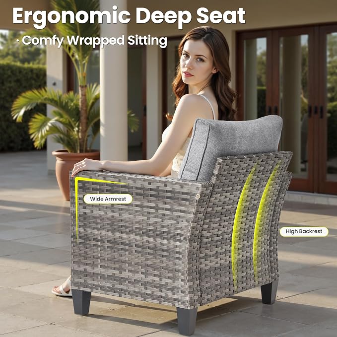 ovios 4 Pieces Patio Furniture Set, Outdoor Wicker Rattan Sofa Couch with Loveseat, Chairs, Glass Coffee Table, Conversation Sets for Yard Porch Garden, Dark Grey