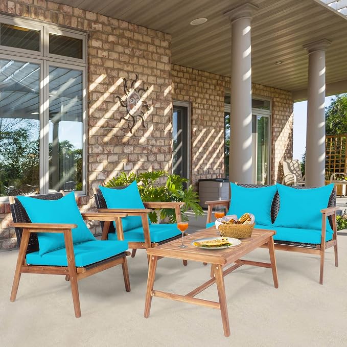 Tangkula 8-Piece Patio Furniture Set, Outdoor Acacia Wood Conversation Set with Cushions and Coffee Table, Outdoor PE Wicker Sectional Sofa Set for Garden, Poolside and Backyard (2, Turquoise)