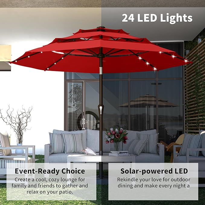 Kingdura 9ft 3-Tier Patio Umbrella with Solar Lights, Table Umbrella Outdoor Patio with Easy Crank & Tilt, 8 Sturdy Ribs, UV Protection, 32 LED Lights for Deck, Poolside, Market (Red)