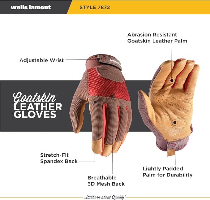 Wells Lamont Women's Breathable ComfortHyde Leather Hybrid Work Gardening Gloves, Medium (7872M)
