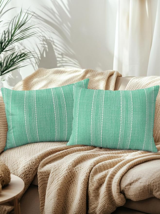 Waterproof Outdoor Pillow Set of 2 Mint Green Linen Stripes Decorative Throw Pillows Cover & Insert 20x12 Inch Lumbar Pillowcase Parallel Vertical Lines Pillows for Couch Sofa Bed Patio Furniture