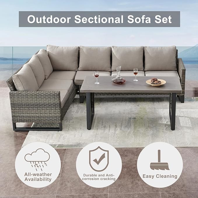 Belord Outdoor Sectional Sofa 6 Seater L Shaped Couch Wicker Patio Conversation Furniture Set with Tree-Grain Finish Metal Dining Table, Rattan Outdoor Furniture with Removable Washable Cushion Blue