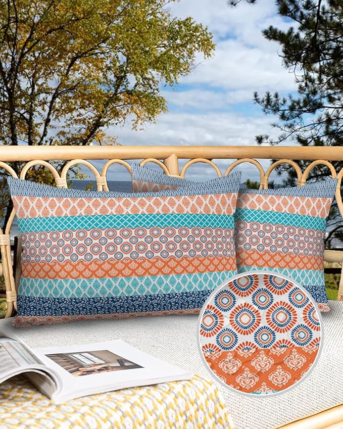 Outdoor Waterproof Pillow Covers Set of 2, Boho Geometric Floral Stripe Ethnic Turquoise Orange Blue Patio Throw Pillow Covers, Decorative Cushion Case for Couch Sofa Furniture Garden, 20x12 Inch