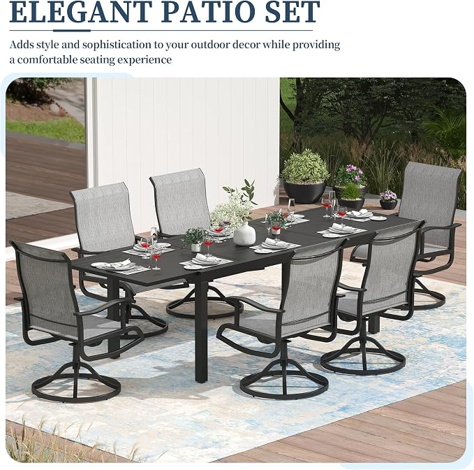 PIZZELLO 9 Pieces Patio Dining Set, 106" Extendable Aluminum Patio Dining Table w/Pcs Textilene Swivel Patio Chairs, All-Weather Outdoor Table and Chairs Sets for Backyard, Garden and Deck