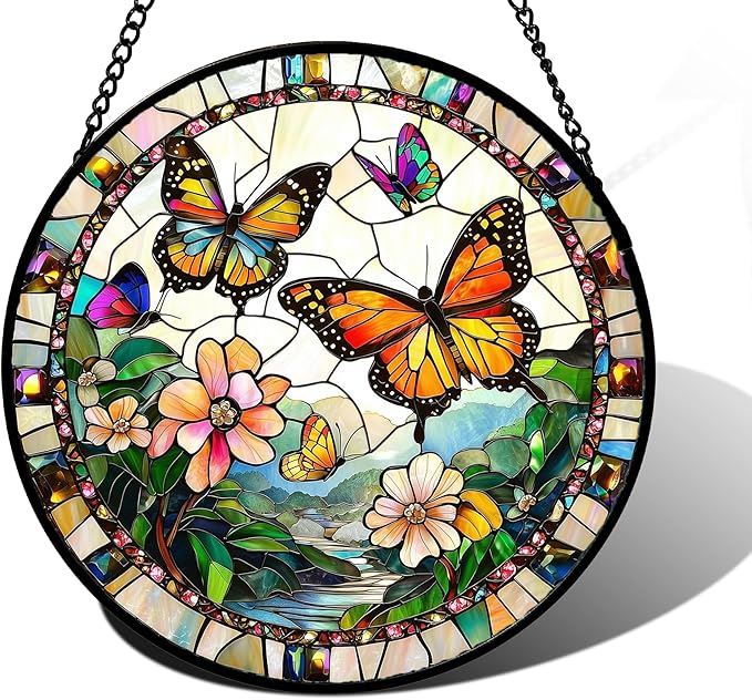 DASTOLL Stained Glass Window Hanging, Butterflies Flying in the Sky Suncatcher for Doors Home Sun Catchers Decoration and Christmas, Mother's Day Birthday Gifts for Women, Men, and Mom 6.3 in