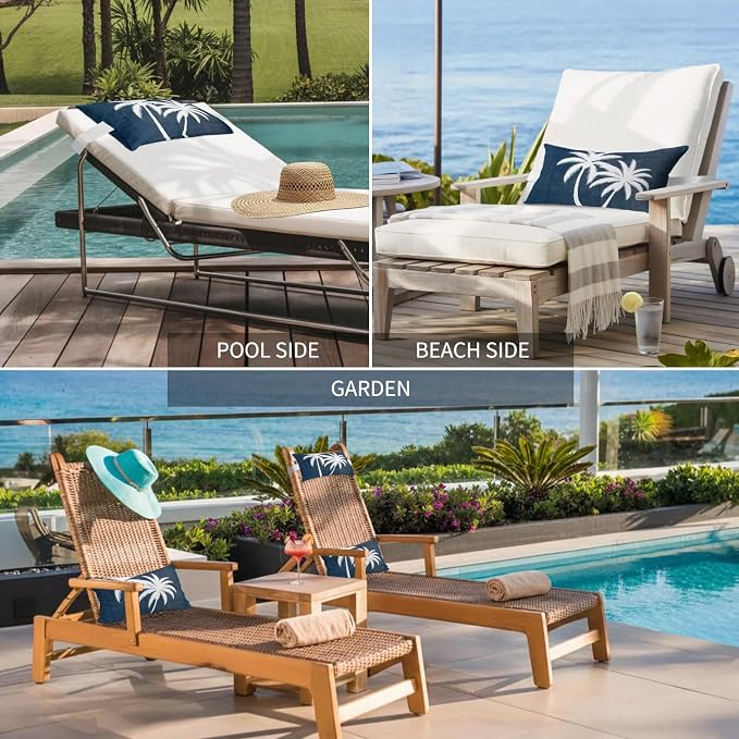 Navy Blue Palm Trees Outdoor Pillows for Chaise Lounge Chair Waterproof Lumbar Pillows with Insert&Adjustable Strap Beach Headrest Pillow Summer Coastal Tropical Botanical Recliner Pool Pillow 11"x16"