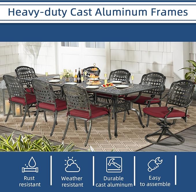 9-Piece Patio Cast Aluminum Dining Set, Outdoor Table and Chairs Set for 8, Includes 94.5" Rectangular Dining Table, 6 Stationary, 2 Swivel Dining Chairs with Umbrella Hole, Red