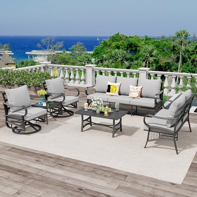 6 Piece Patio Furniture Set, 2 Single Swivel Chairs, Rope Braided Exposed with Thick Cushions, Outdoor All Weather Patio Conversation Sectional Sofa Set for Garden, Porch, Lawn, Grey