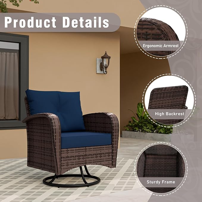 4 Piece Patio Conversation Set - 2 Swivel Chairs 1 Coffee Table 3-Seater Sofa, PE Wicker & Steel Patio Furniture with Heavy-Duty Steel Frame,Weatherproof Cushions, Blue