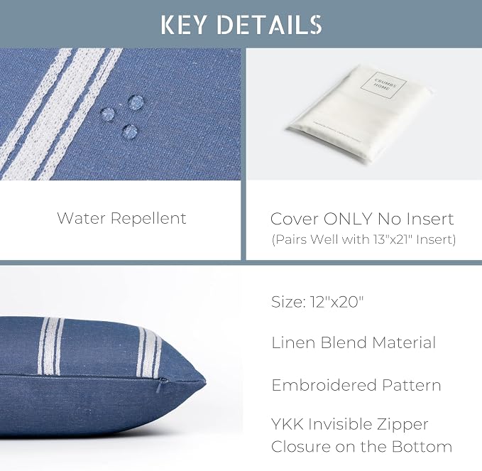 California Casual Coastal Indoor Outdoor Lumbar Pillow Cover, 12"x20" Water Repellent for Patio, Backyard, Couch, Poolside, Azure Blue White Embroidered Stripes