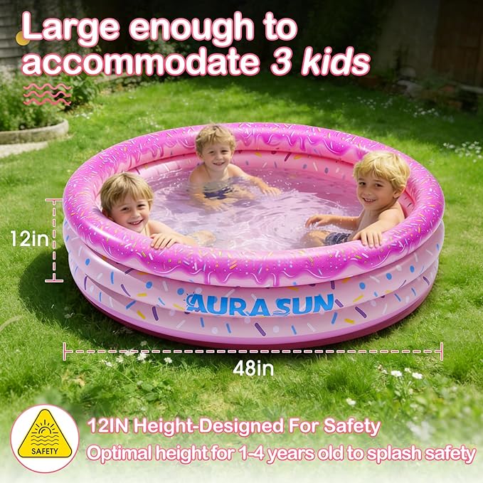 Inflatable Baby Pool Small Kiddie Swimming Pool, 3 Rings Round Pad Pool for Kids & Toddler, 48"X12" Portable Indoor Ball Pit Toys, Outdoor Water Play for Girl/Boy (Pink)
