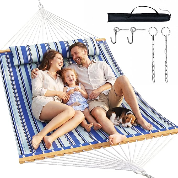 Double Hammock with Spreader Bar,Soft Pillow,Max Load 500lbs,Portable Hammock for Outdoor,Camping,and Backyard,Aqua Blue