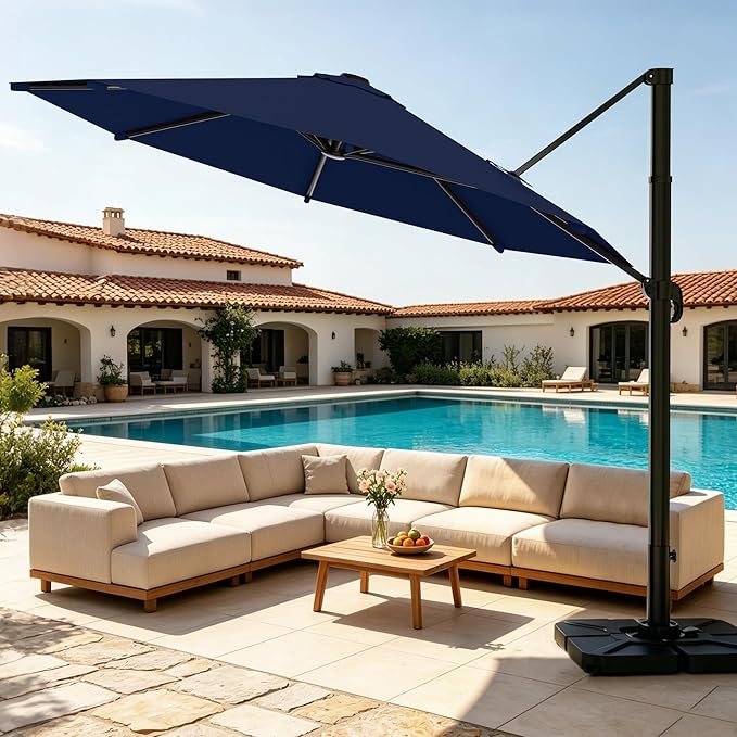 AreShark 11FT Round Cantilever Patio Umbrella with Base Included, 360° Rotation Offset Outdoor Umbrella, 5 Tilt Settings Heavy Duty Hanging Parasol for Deck Garden Pool, Navy