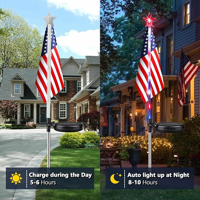 4th of July Decorations Outdoor Solar Lights, 10 Pack Red White and Blue American Flag Star Lights for National Day, Waterproof Patriotic Light for Independence Day 250th Anniversary Garden Yard Path