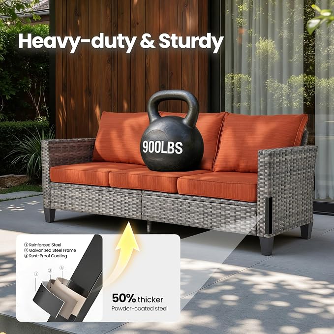 5 Piece Wicker Patio Furniture with Swivel Rocker Chair, Orange | High Back Swivel Rocker Chairs, All Weather Rattan Outdoor Sofa, Solar Lights Table, Modern Conversation Sets, Deck Backyard