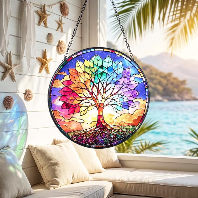 Stained Glass Window Hanging, Colorful Tree of Life Suncatcher 7.8 in Sun Catcher Boho Wall Art Decor with Chain Diamond Glass Panel Hangings Scenery Sun Catchers Decor for Lover Couple Mom