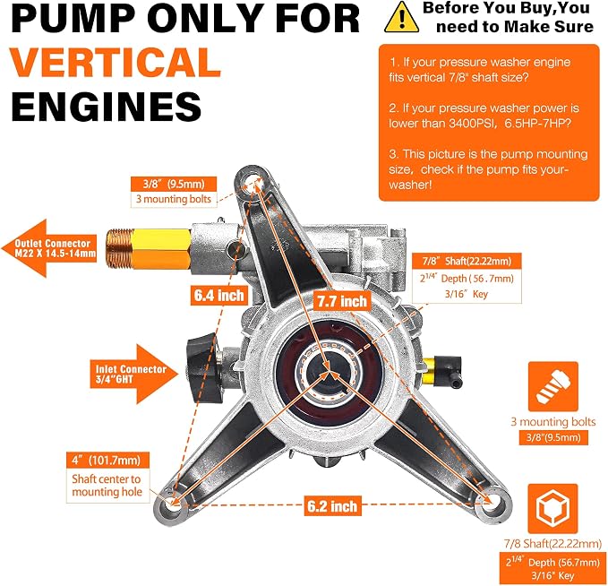 7/8" Shaft Vertical Pressure Washer Pump 2600-3400 psi, Max 3400PSI 2.5GPM Pumps Replacement for Pressure Power Washer, Compatible with Honda, GCV160, Homelite, Troybilt, Simpson, Briggs&Stratton