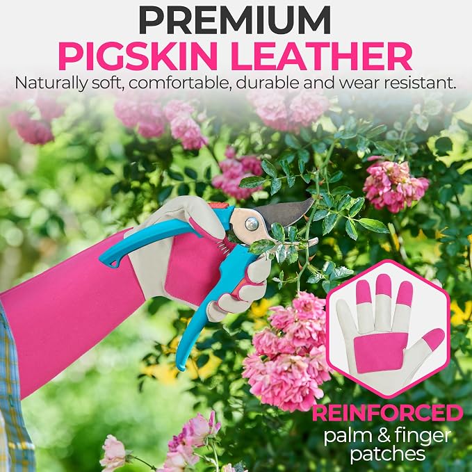 HANDLANDY Rose Pruning Gloves for Men Women, Thorn Proof Gardening Gloves | Long Leather Gardening Gloves, Breathable Leather Gauntlet, Best Garden Gifts & Tools for Gardener (Pink, L)