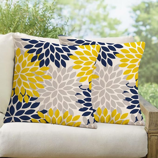 Yellow Blue Dahlia Floral Outdoor Pillow Covers 18x18 Set of 2 Waterproof Abstract Flower Summer Decorative Outdoor Pillow Covers for Patio Furniture Porch Couch Home Decoration (Navy Yellow)