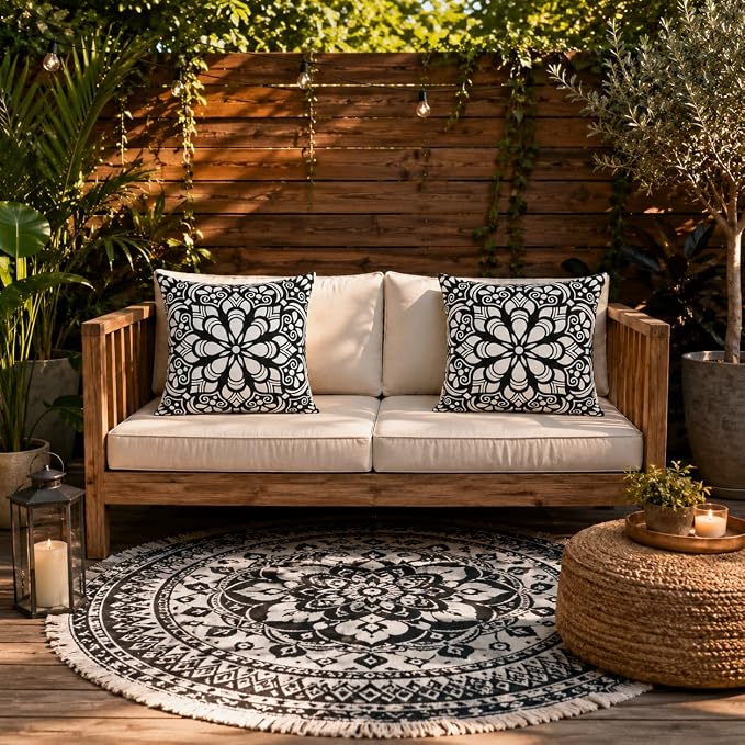 cygnus Boho Waterproof Outdoor Pillow Covers 18x18 inch Black and White Mandala Outdoor Pillows for Patio Furniture,Garden,Deck, Porch
