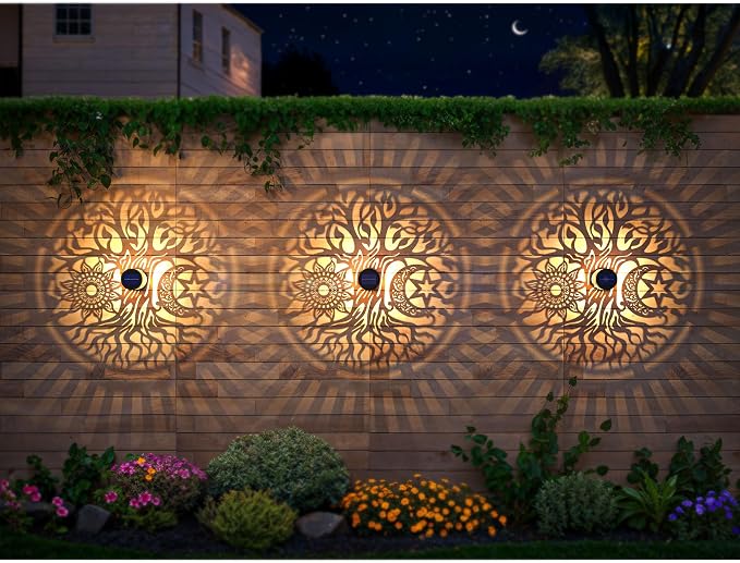 2 Pack Large Solar Fence Lights Metal Solar Powered Outdoor Wall Deck Step Lights Tree Theme Waterproof Fence Light for Garden Post Patio Backyard Yard Decor, Gardening Gifts for Women Mom Grandma