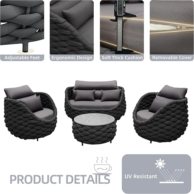 TWT Outdoor Patio Furniture Set-5 Pieces Aluminum Sectional Sofa, Metal Patio Conversation Set with Loveseat & Armchair, Textile Rope and Coffee Table, Dark Grey