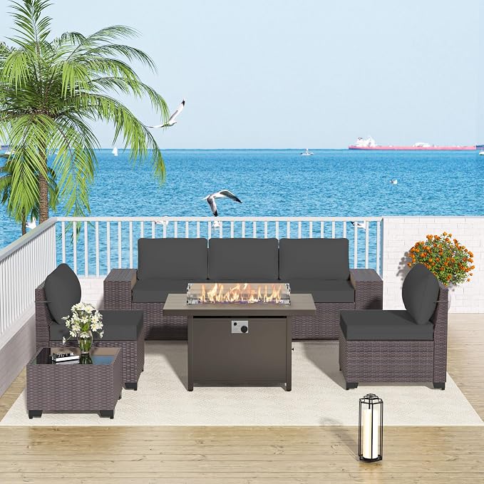 Patio Furniture Set 7 Pieces Outdoor Furniture Patio Conversation Set w/43in Aluminum Gas Fire Pit,PE Rattan Wicker 7 Pcs Outdoor Sofa Set w/55000 BTU Propane Fire Pit Table,Black
