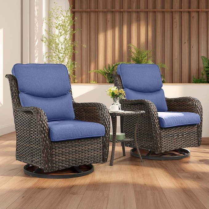Rilyson Wicker Rocking Chair Swivel Chairs - 3 Piece Rocker Patio Furniture Set Rattan Rocking Bistro Sets with Glass Top Side Table for Outdoor Porch Deck Garden Backyard (Brown/Blue/Smile)
