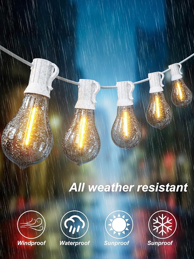 White Outdoor String Lights 120FT Waterproof Lighting for Patio Wedding | 2FT Bulbs Spacing,120FT Connectable White Outdoor Lights with 63 Plastic Dimmable LED Bulbs for Garden Bistro Balcony Party