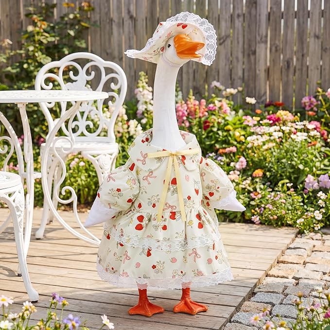 Spring Porch Goose Outfit Strawberry Bow Porch Goose Clothes for 23 Inch Lawn Cement or Plastic Geese Statue Geese Skirt Costume with Hat Dress for Summer Outdoor Patio Garden Holiday Decor