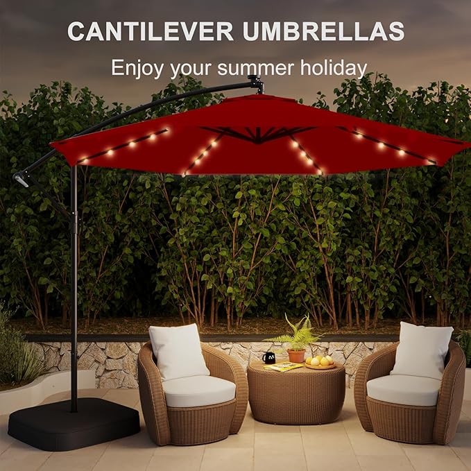 EROMMY 10FT 40-LED Solar Lighted Patio Umbrella with Base Included, Outdoor Offset Cantilever Umbrella, Infinite Tilt, Crank and Cross Base, UV Protection for Backyard, Lawn, Garden & Pool