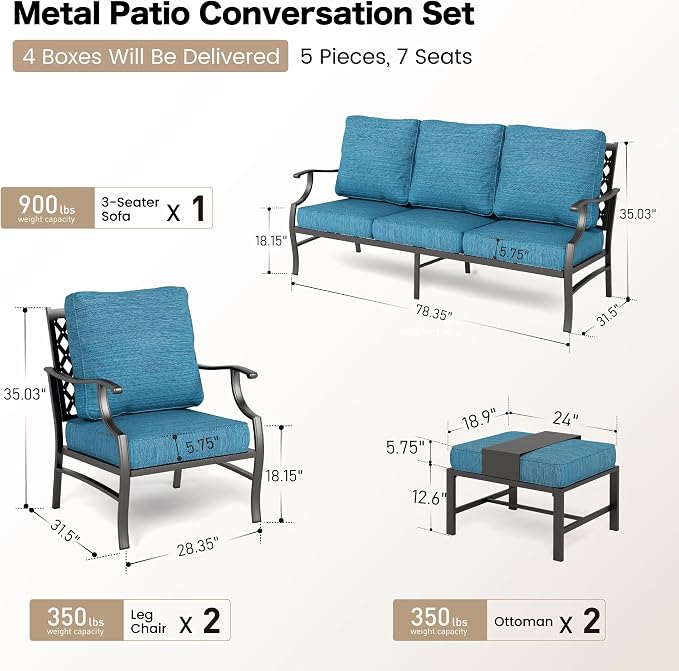 SUNSHINE VALLEY 5 Piece Metal Outdoor Patio Furniture Set, Patio Conversation Sets 3-seater Sofa, 2 Fixed Chair, 2 Ottomans with 5.75" Thick Cushion, Black All-weather Frame Backyard Furniture, Blue-2