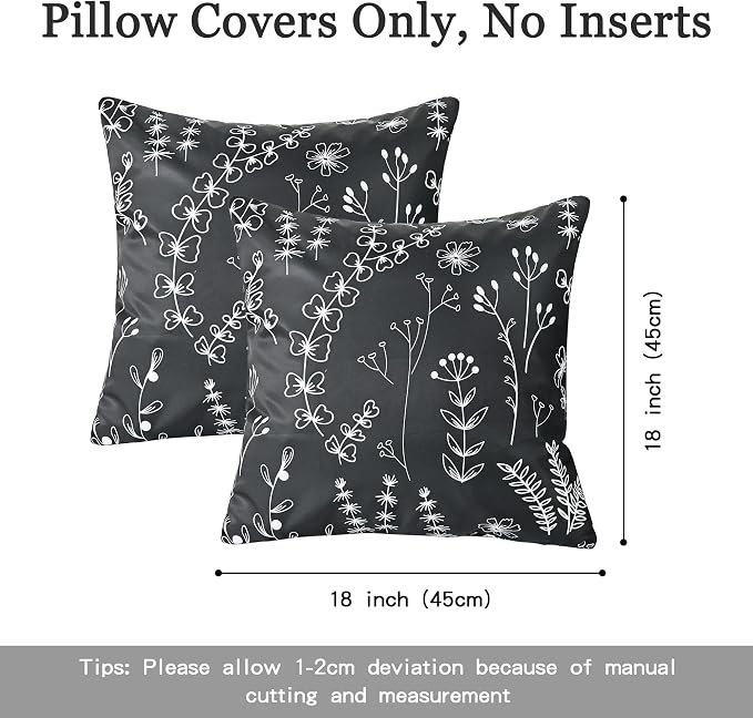 Black Floral Outdoor Pillow Covers 18x18 Inch Set of 2 | Waterproof Throw Pillow Cover, Summer Decorative Outdoor Cushion Cases for Patio Garden Beach Tent Balcony Couch Sofa