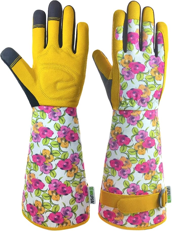 Thornproof Rose&Cactus Gardening Gloves,Gauntlet Garden Glove,Gifts | Canvas,Cute Floral Pattern,Leather Palm,Touchscreen,Durable Material,Garden Gift,Men&Women,Machine Washable,Adjustable Cuff