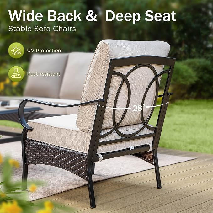 PHI VILLA Outdoor Modern Patio Furniture Set, Upgraded Wicker & Metal Patio Conversation Set with Waterproof Thick Cushions for Porch, Poolside, Yard(6 Pieces,Beige)