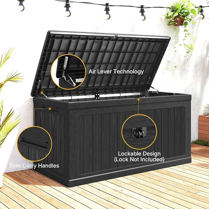 Skepphlay 260 Gallon Deck Box Large Outdoor Storage Box, Waterproof Pool Storage Cushion Boxes Bin, 440 lbs Load Capacity Black Outdoor Storage Bench for Garden, Patio
