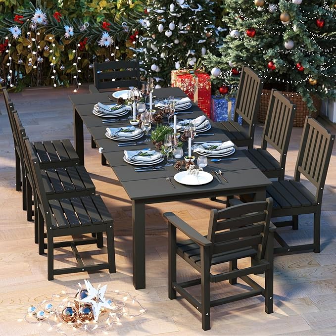 9-Piece Outdoor Dining Set for 8, 75.2'' HDPE Table with Umbrella Hole & Chairs, Weather-Resistant Patio Furniture for Lawn, Yard, Balcony, Deck (Black)