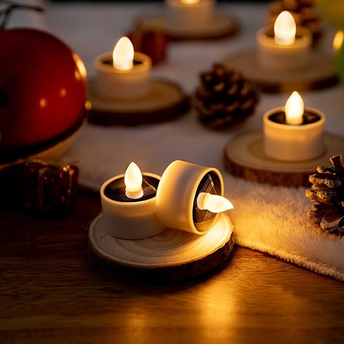 Solar Tea Lights Outdoor Waterproof, 8pcs Rechargeable Dusk to Dawn Little Solar Votive Candles, Flameless Flickering Small Light for Lantern Window DIY Chandelier Patio Deck Garden Decor (Warm White)