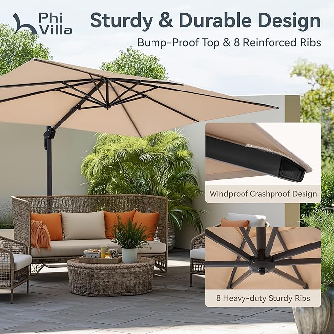 PHI VILLA 10ft Cantilever Patio Umbrella with Crank Handle, 7-Level Tilt & 360° Rotation, Aluminum Square Outdoor Offset Umbrella Windproof & Crashproof for Garden, Deck, Pool (Beige)