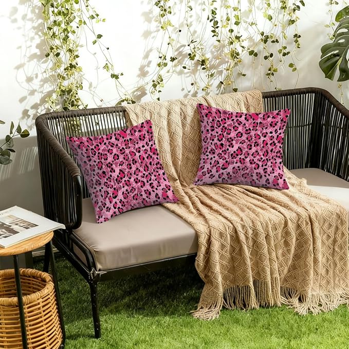 16x16 Inch Outdoor Pillow Covers Set of 2 Waterproof Throw Pillow Covers Decorative Couch Cushion Covers Pink Glitter Leopard Print Square Pillowcases Protectors for Patio Garden Sofa