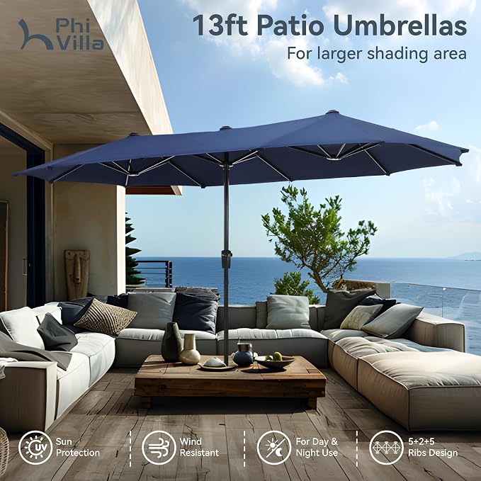 PHI VILLA Patio Dining Furniture Set with Umbrella, Outdoor Dining Set for 6, Black Foldable Chairs with Adjustable Backrest & Metal Table for Garden Deck (Navy Blue Umbrella Without Base)