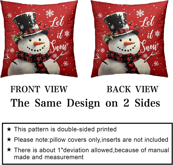 Red Christmas Pillow Covers Snowman Throw Pillow Covers Xmas Tree Pillow Case 18x18 Winter Snowflakes Cotton Blend Cushion Case for Holiday Decor Couch Sofa 2 Pack