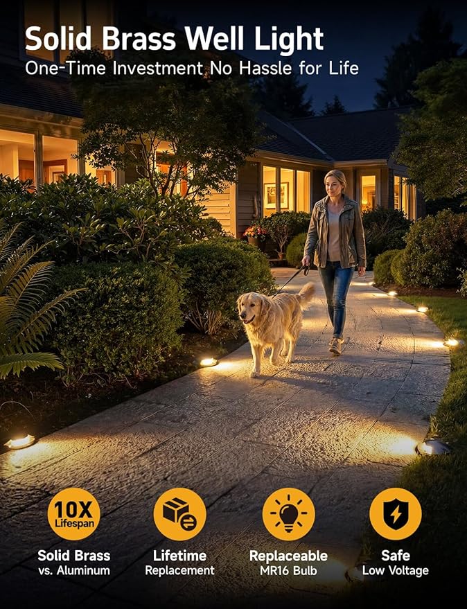 Gardenreet Landscape Well Lights Outdoor - Brass Weathproof Low Voltage In Ground Lighting, LED 12V Turret Top Fixture, Antique Bronze for Deck Floor Pathway with 2700K Warm White MR16 Bulb