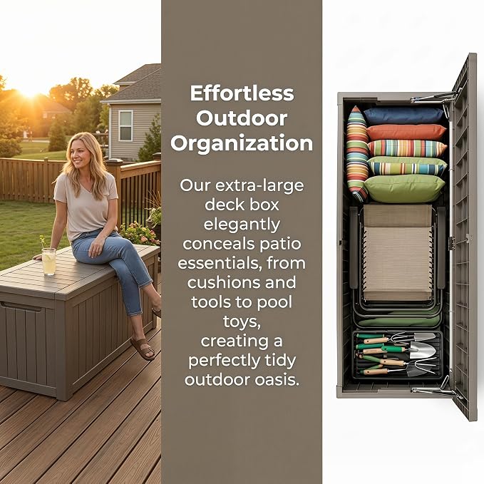 270 Gallon Extra Large Deck Box Outdoor, Resin Storage Box Outdoor Waterproof, Lockable Garden Storage Bench, Holds Patio Furniture, Pool Supplies & Equipment, Hydraulic Rod, UV-Proof, Gray Brown