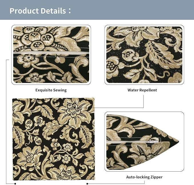Outdoor Pillow Covers Waterproof 20x20 Inch Set of 2 Jacobean Black Decorative Outside Patio Furniture Cushion Cases Decor for Porch Garden