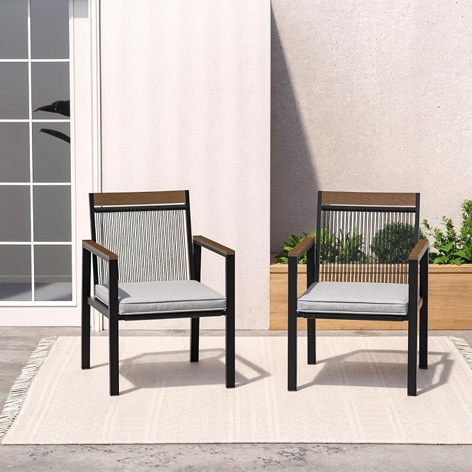 Patio Dining Chair Sets, Outdoor Metal Dining Furniture Set, 2PCS Patio Chairs with Cushions for Backyard, Deck (Black/Brown)