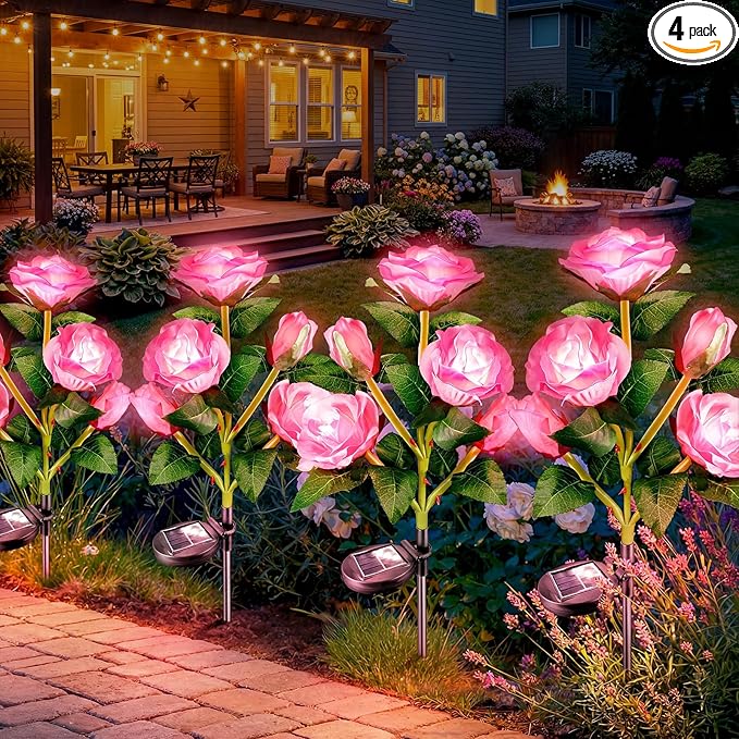 Anordsem Solar Garden Lights Outdoor: 20 Artificial Fabric Pink Roses Flowers 4 Pack- LED Flower Decorations for Cemetery Grave Pathway Yard- Valentine's Day Gifts for Women, Wife and Mother