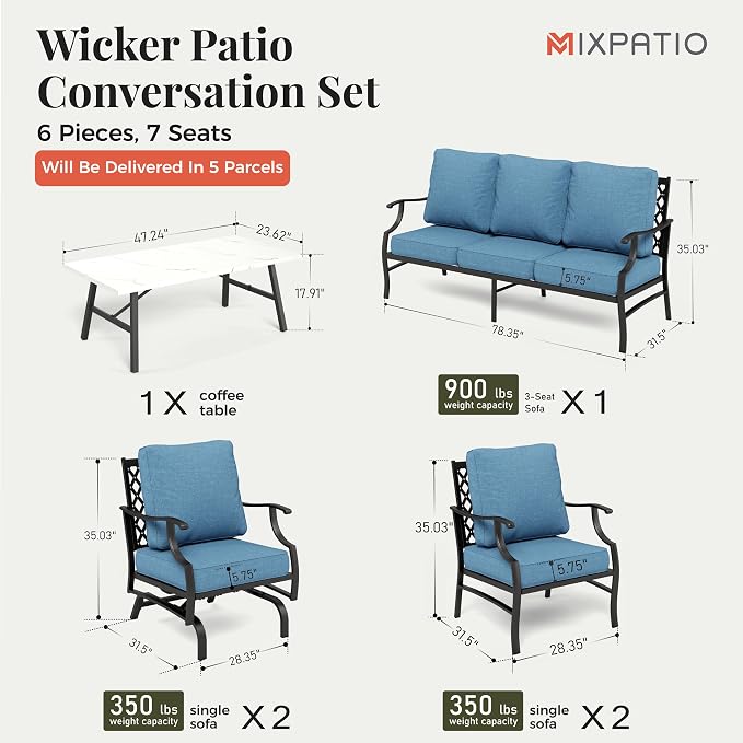 MIXPATIO Patio Furniture Set 6 pcs, Outdoor Patio Furniture, 1 X 3-Seat Sofa, 2 X Single Chairs, 2 X Rocker Chairs, 1 X Coffee Table and 5.75" Extra Thick Cushion, Patio Conversation Set,Navy Blue